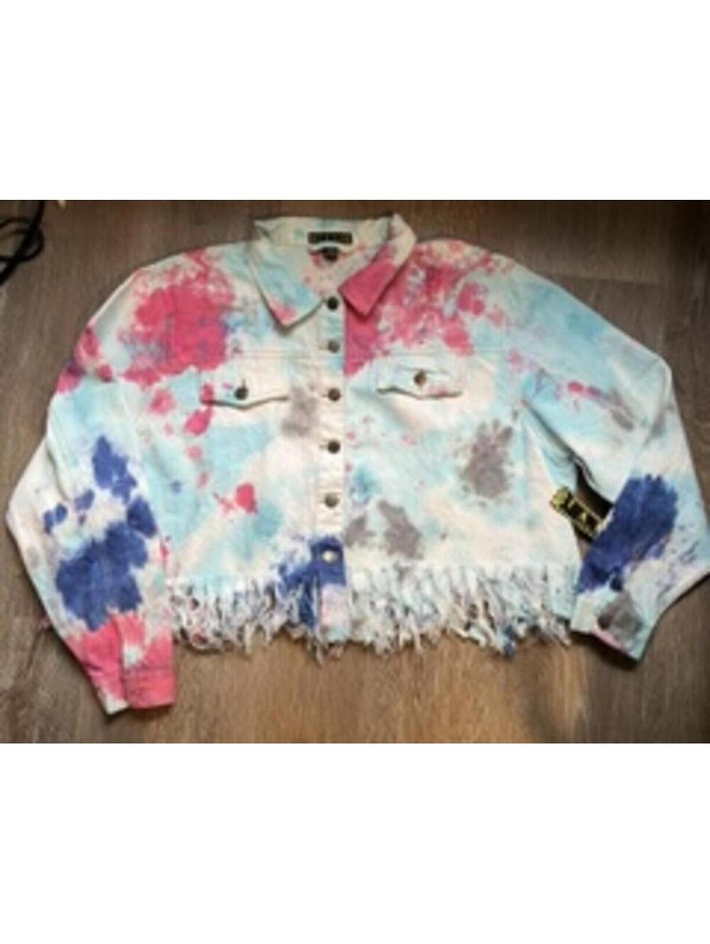 Taxi NWT Tie Dye Cropped Denim Jacket Womens Plus Size 2X Frayed Hem Jean Coat